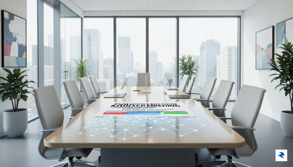 A conceptual illustration showing a modern, glass-walled office interior where…