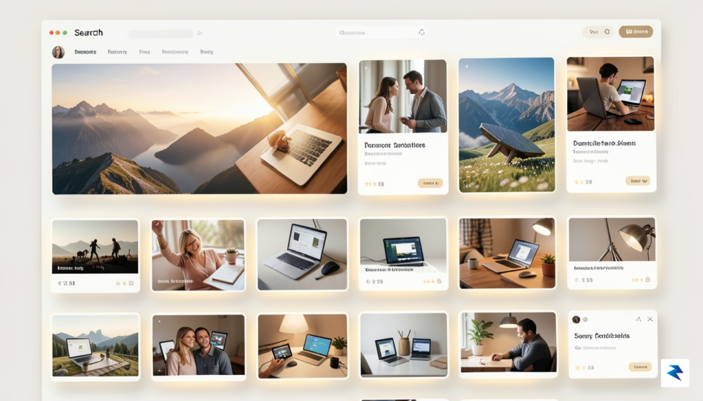 A conceptual digital interface showing a clean, modern search results…