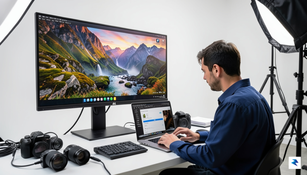 A professional studio setup showing a high-resolution, vibrant lifestyle photograph…