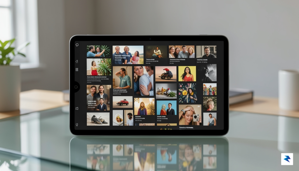 A modern digital interface showing a masonry-style image grid on…