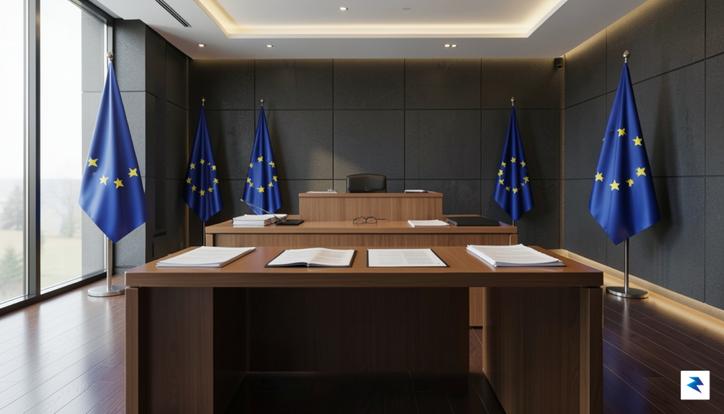 A modern, high-tech courtroom setting in Luxembourg with European Union…