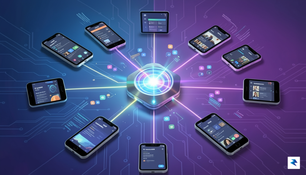 A conceptual illustration showing a digital ecosystem with a central…