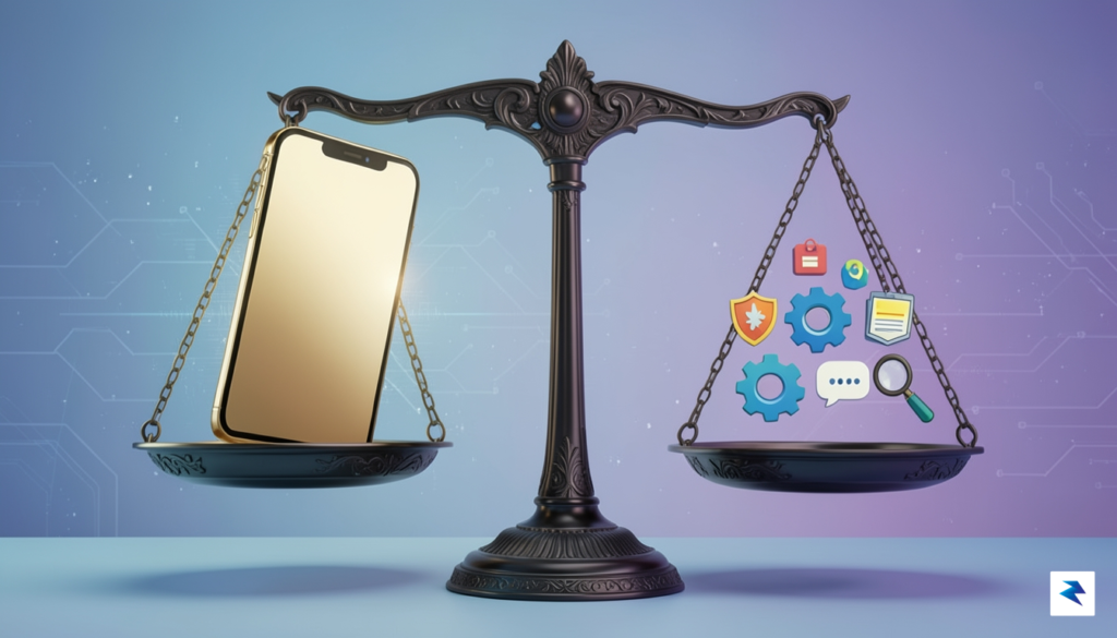 A conceptual digital illustration showing a set of scales, with…