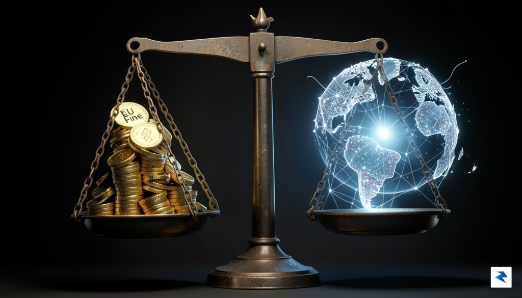 A conceptual digital illustration showing a massive scales of justice…