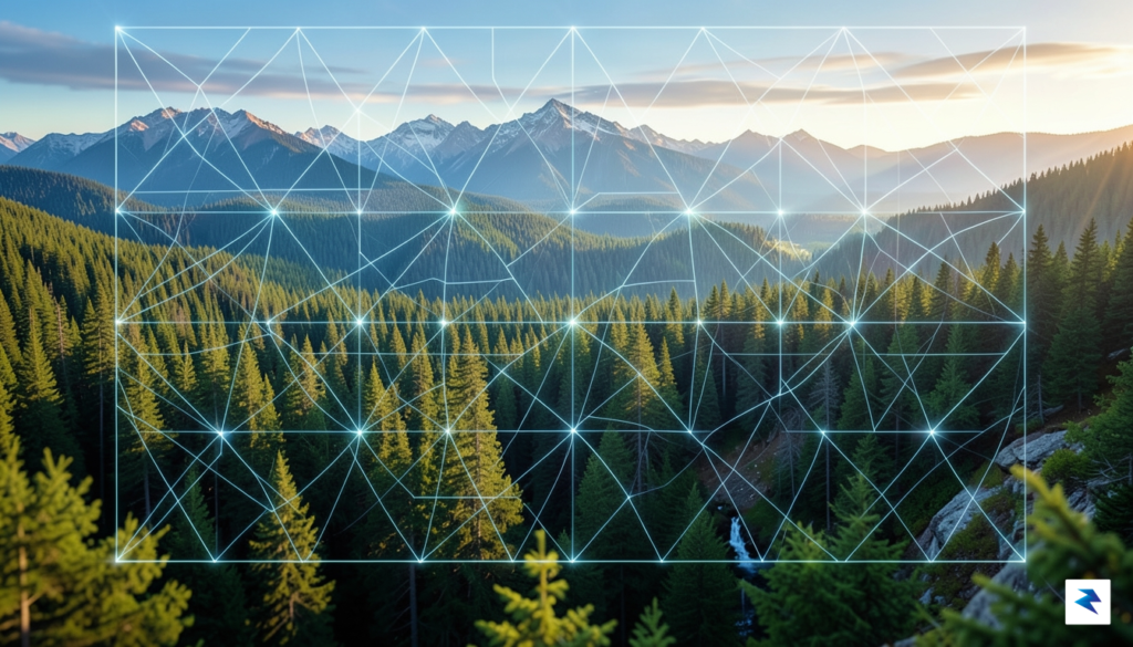 A conceptual digital landscape showing a glowing, transparent watermark grid&hellip;