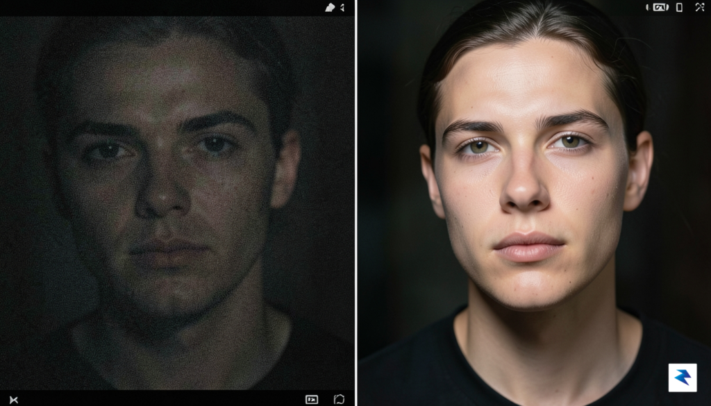 A split-screen comparison showing a dark, grainy portrait video on&hellip;