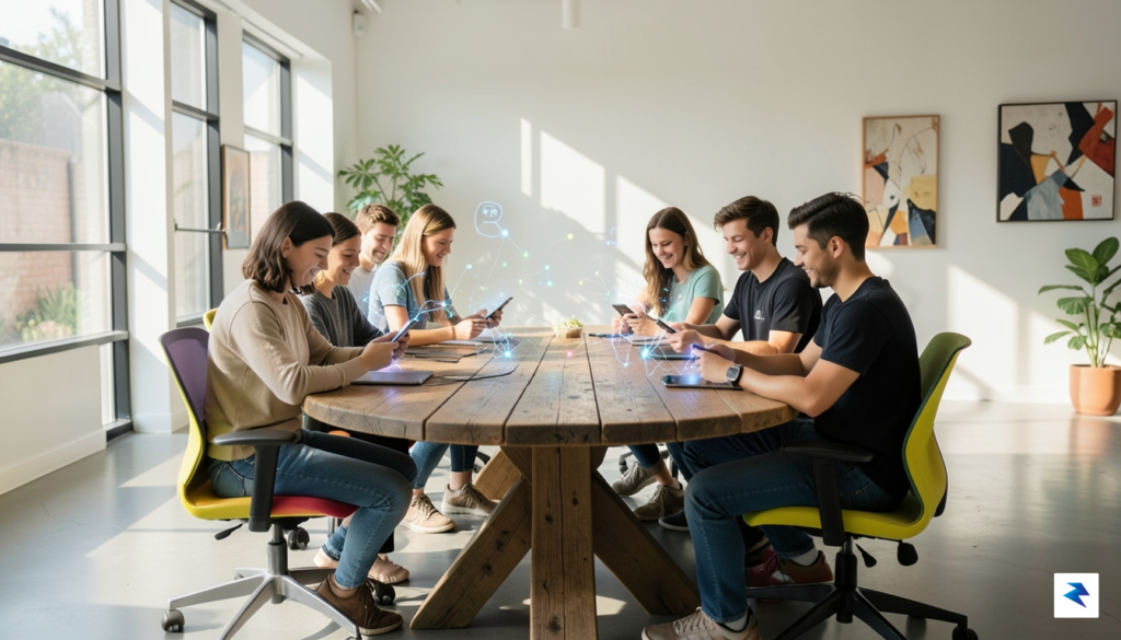 A diverse group of young content creators happily using their&hellip;