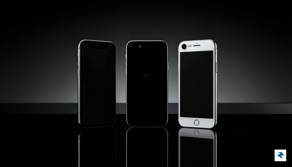 A conceptual studio shot comparing three sleek, modern smartphones side-by-side,…