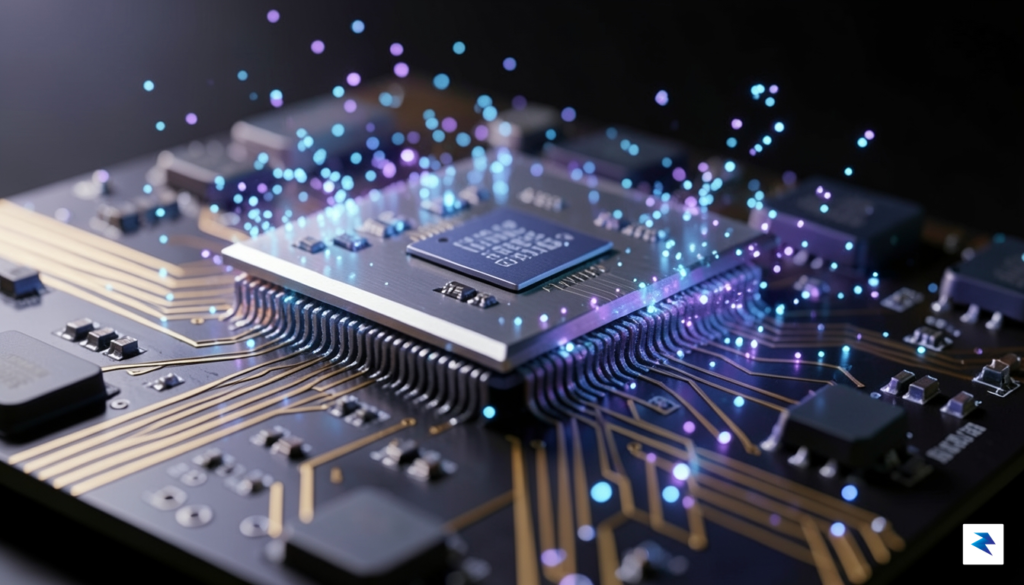 A conceptual close-up of a modern, sleek silicon chip resting…