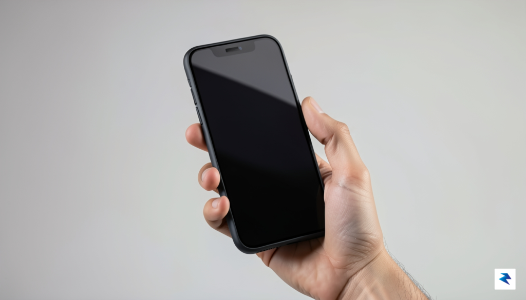 A conceptual studio shot of a sleek, minimalist smartphone held…
