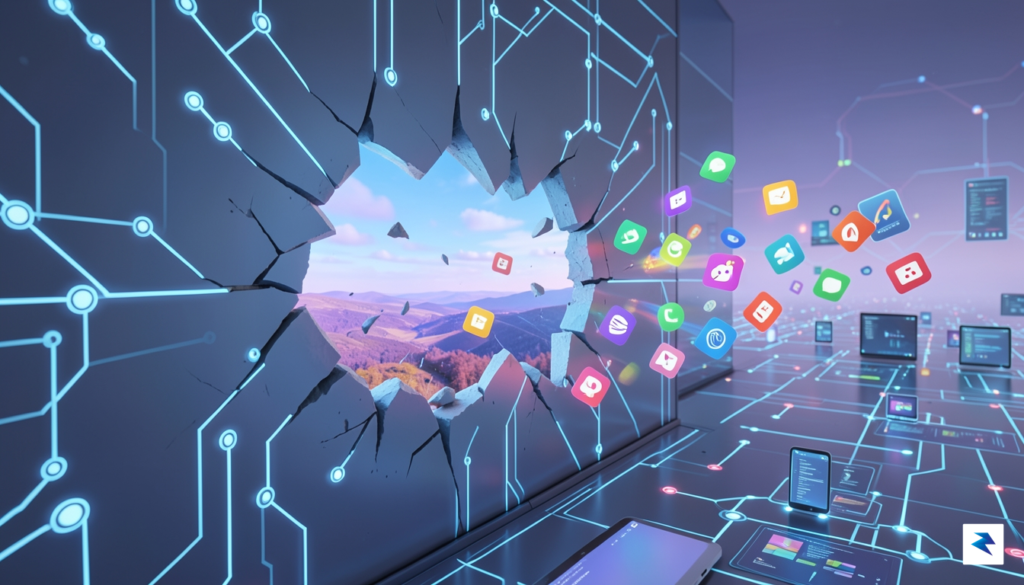 A conceptual illustration showing a digital wall being broken down,…