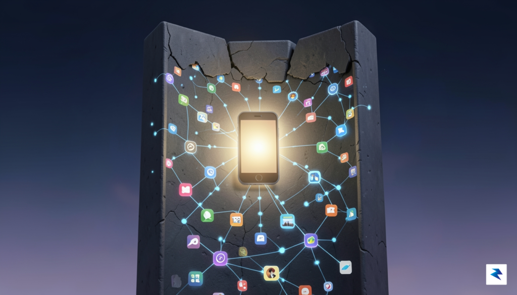 A conceptual digital illustration showing a monolithic barrier around a…