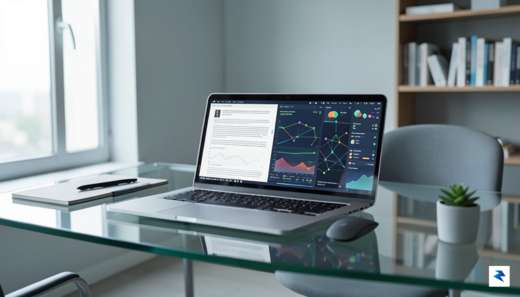 A clean, modern workspace featuring a laptop displaying a side-by-side…