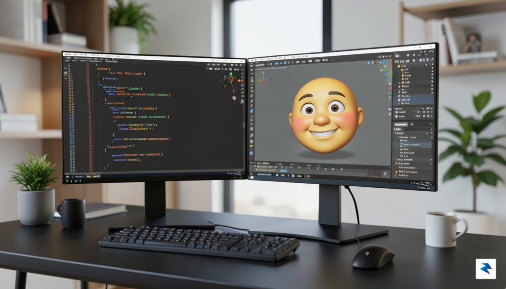 A developer's dual-monitor workstation displaying code on one side and…