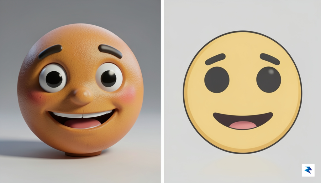 A close-up split-screen comparison showing a complex 3D emoji render…