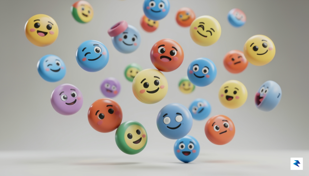 A high-quality 3D render of various Google Noto emojis floating…
