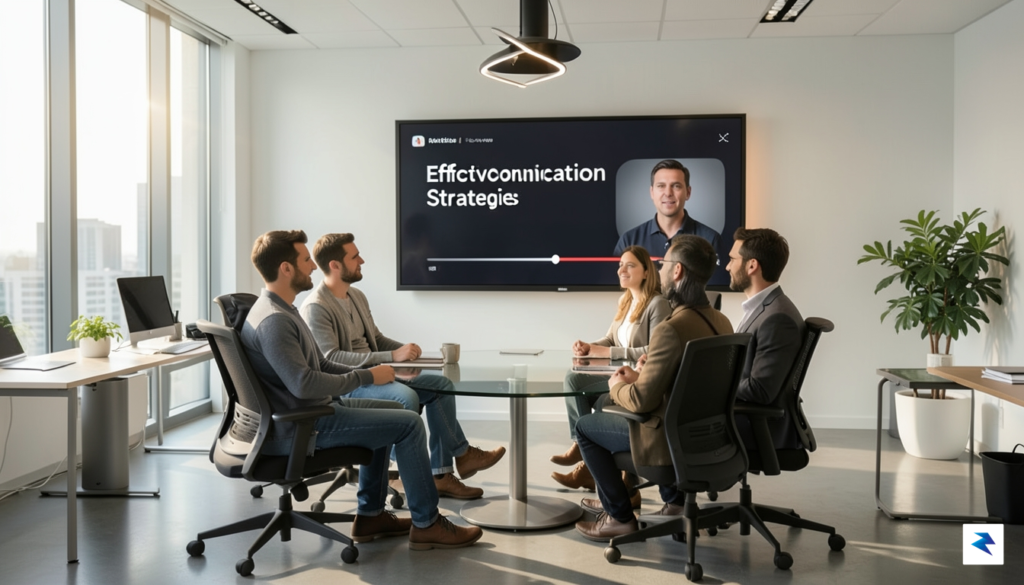 A diverse professional team collaborating in a modern office, watching&hellip;