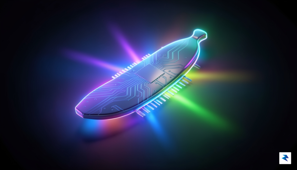 A conceptual digital art piece showing a sleek, minimalist banana-shaped…