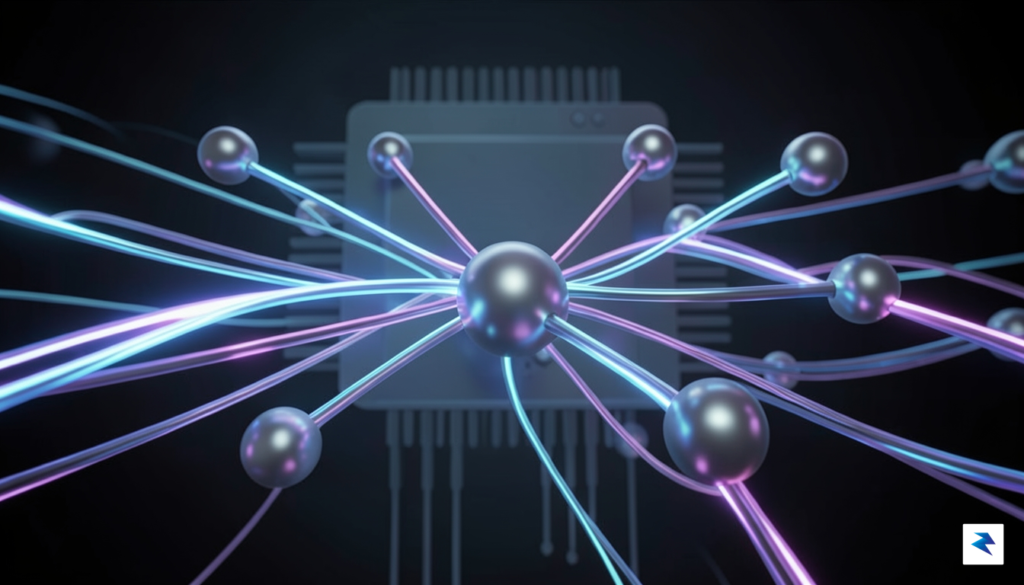 An abstract, stylized representation of data flowing rapidly through a…