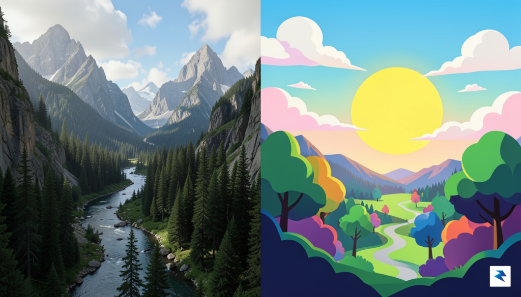 A split-screen comparison showing a highly detailed, photorealistic digital landscape…