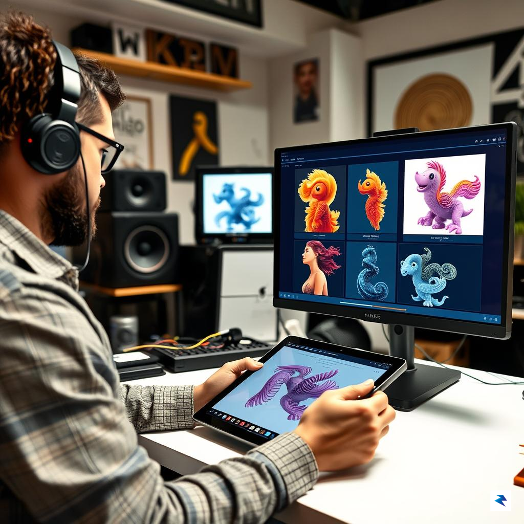 A diverse creative studio workspace featuring a professional designer using…