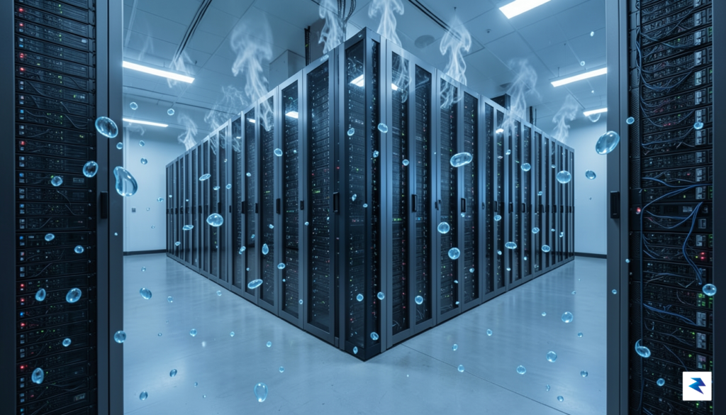 A wide-angle, high-resolution photo showing rows of glowing server racks&hellip;