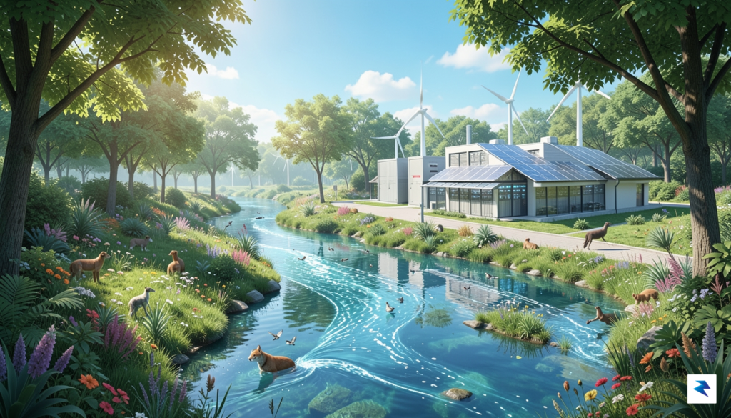 A conceptual digital illustration showing a lush, vibrant watershed ecosystem&hellip;