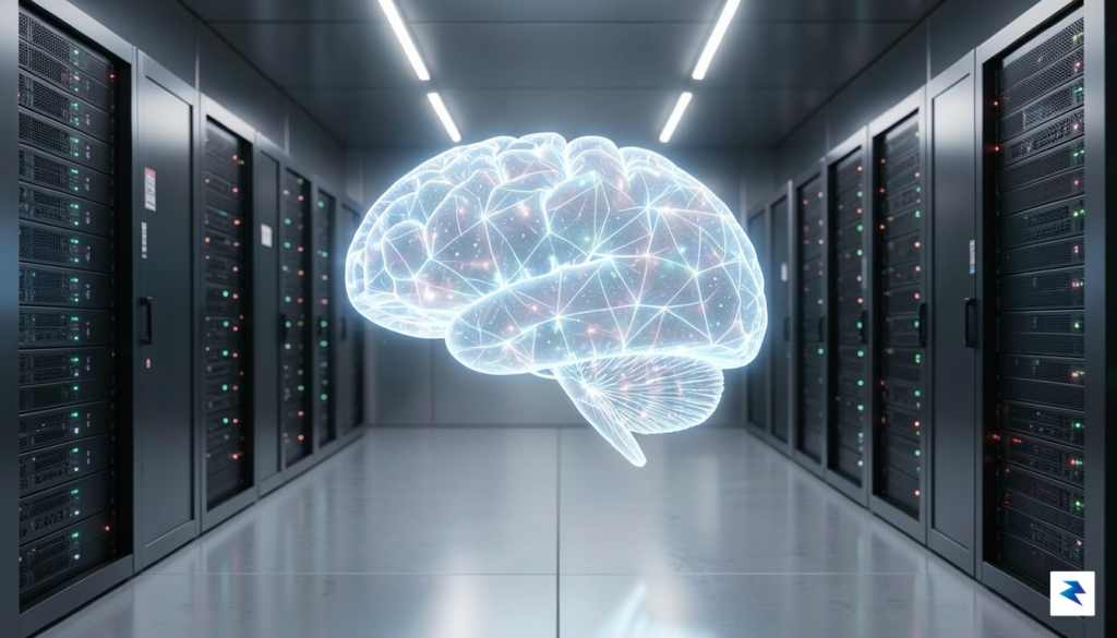 A conceptual 3D render of a glowing, multifaceted digital brain…