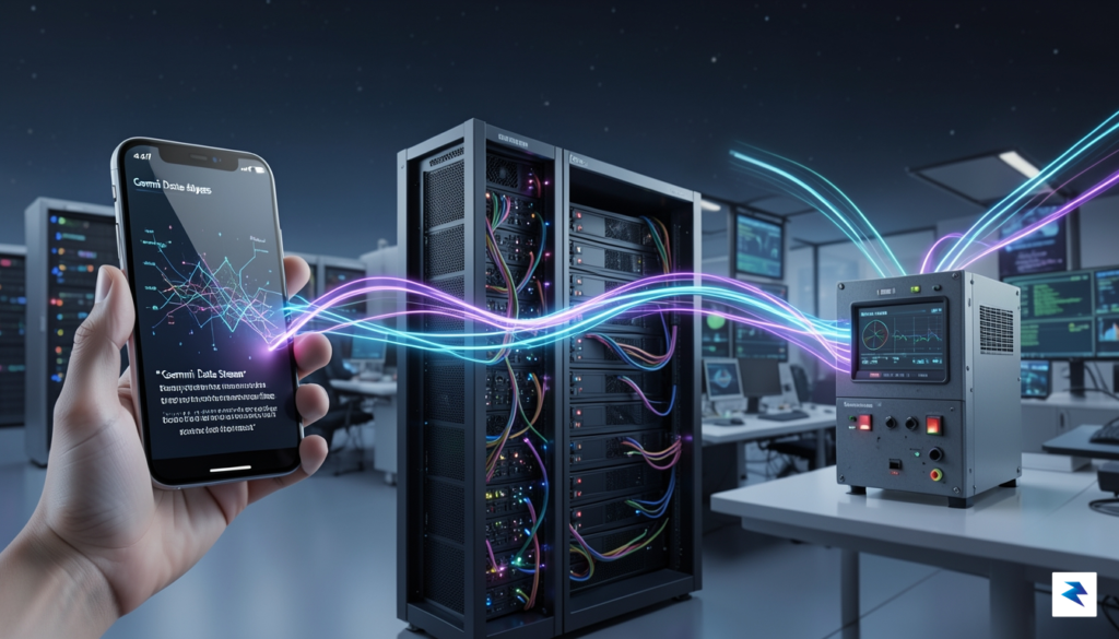 A sleek, futuristic 3D visualization showing three distinct data streams…
