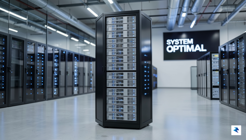 A sleek, modern data center server rack glowing with blue…