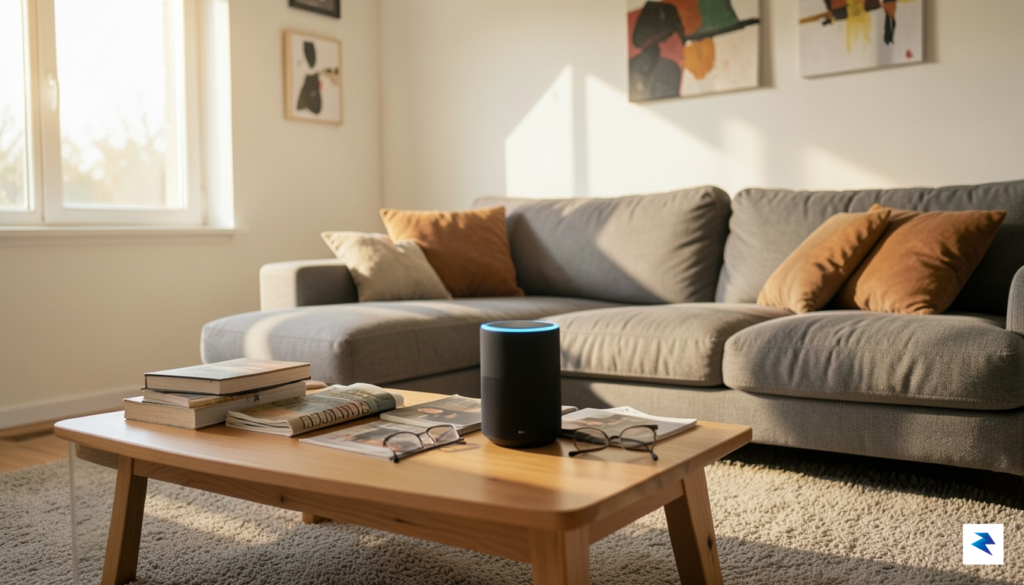 A wide-angle, soft-focus shot of a modern, lived-in living room…