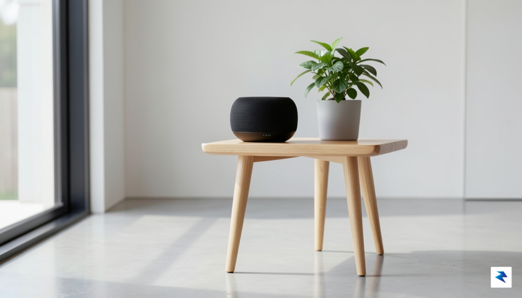 A sleek, modern smart speaker sitting on a minimalist wooden…