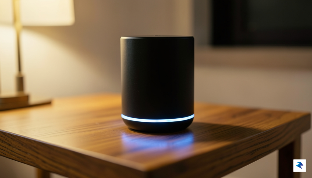 A close-up shot of a modern, sleek smart speaker sitting…