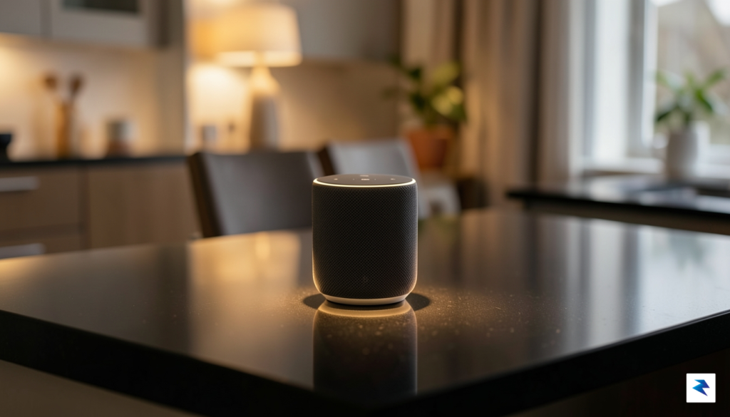 A sleek, modern minimalist kitchen counter featuring a Google smart…