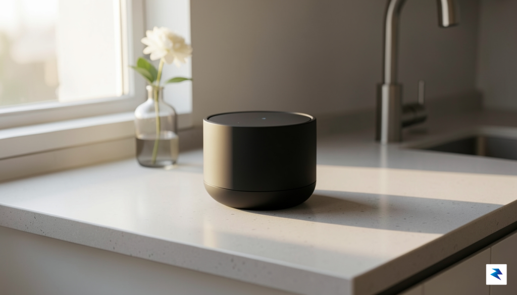 A sleek, modern smart speaker sitting on a minimalist kitchen…