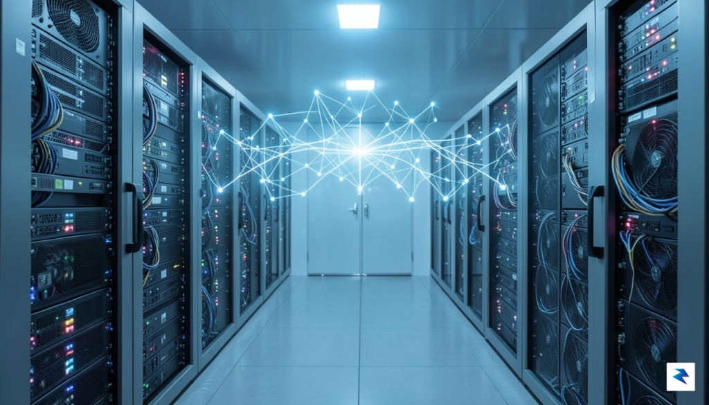 A high-tech, professional data center server room interior with glowing&hellip;