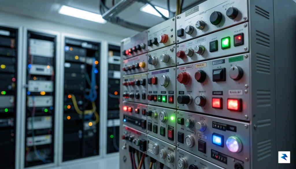 A close-up, high-definition photograph of a complex industrial power distribution&hellip;