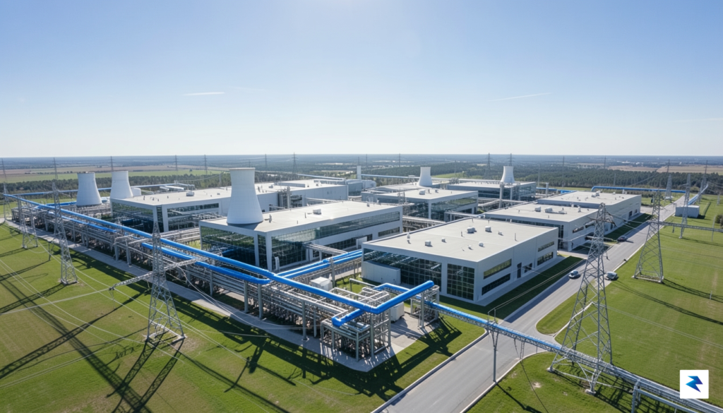 A wide-angle aerial shot of a massive, modern hyperscale data&hellip;