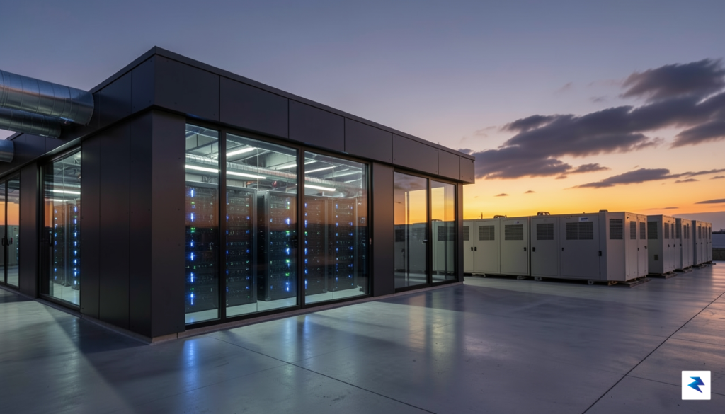A modern data center facility at dusk, showing rows of&hellip;