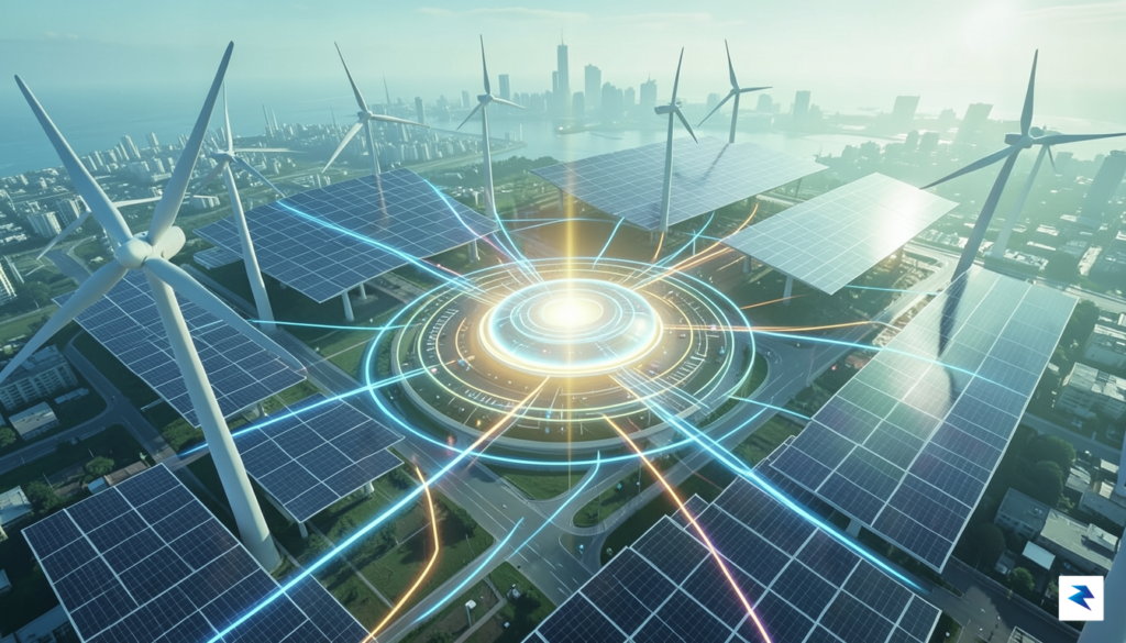 A conceptual digital illustration of a smart city grid showing&hellip;