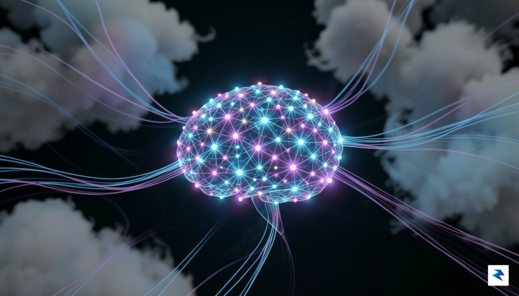 A stylized visual representation of data streams converging and being…