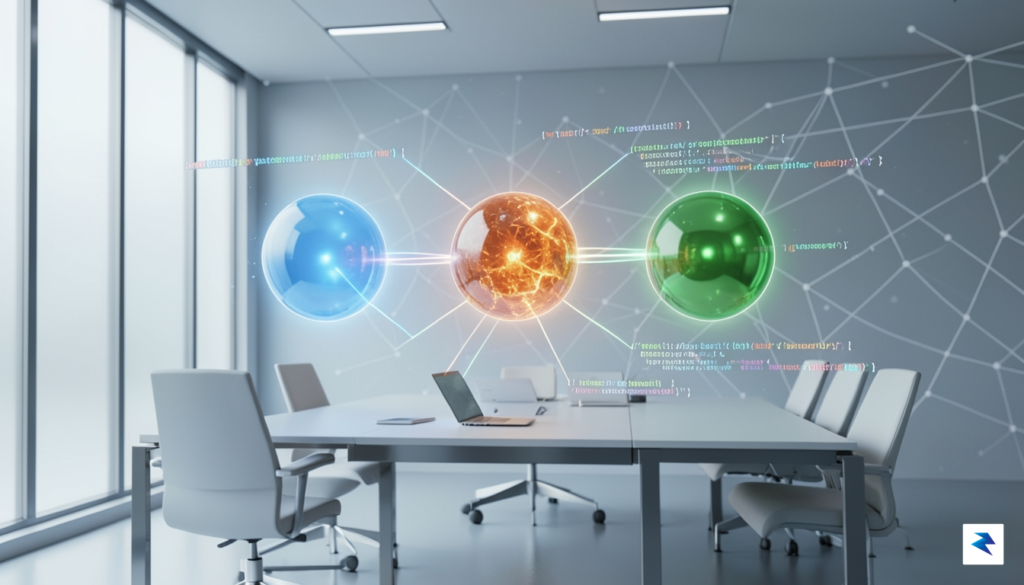 A conceptual digital illustration showing three glowing, interconnected nodes representing&hellip;
