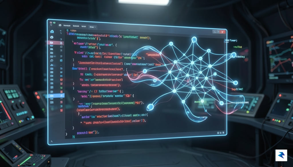 A close-up digital illustration of a glowing holographic code editor&hellip;