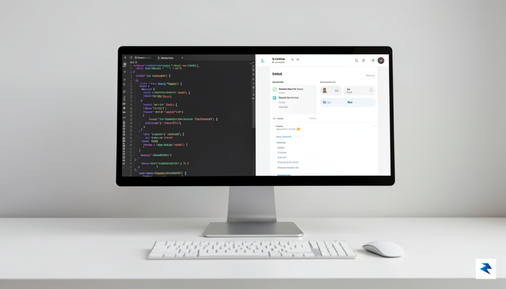 A clean, minimalist workspace showing a split-screen monitor displaying complex&hellip;