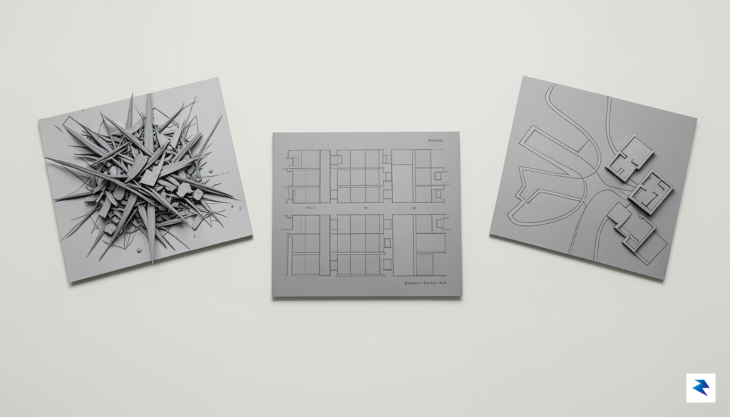 A conceptual 3D visualization showing three distinct architectural blueprints: one&hellip;