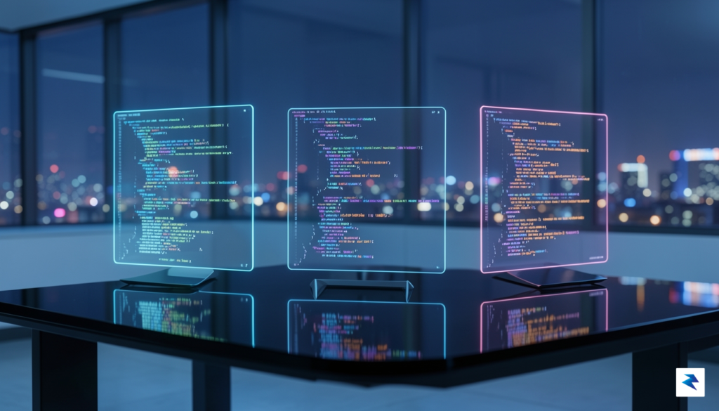 A sleek, futuristic workspace showing three glowing, translucent digital interfaces&hellip;