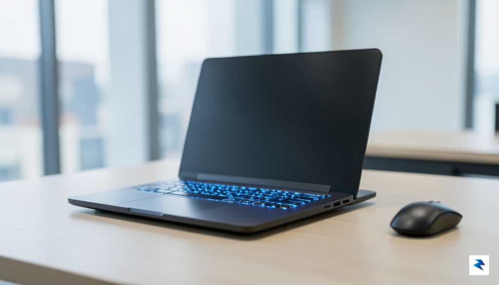 A sleek, futuristic laptop chassis sitting on a minimalist desk,…