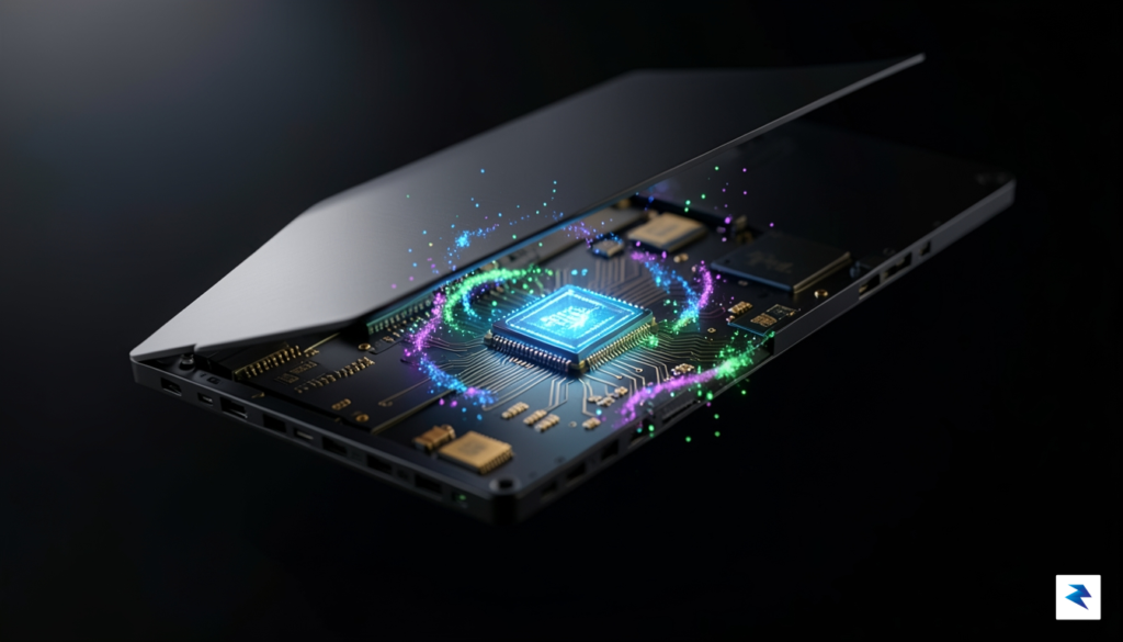 A high-tech, cinematic macro shot of a sleek, thin laptop…