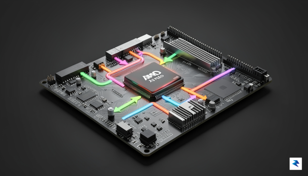 A cutaway diagram of a laptop motherboard, highlighting the AMD…