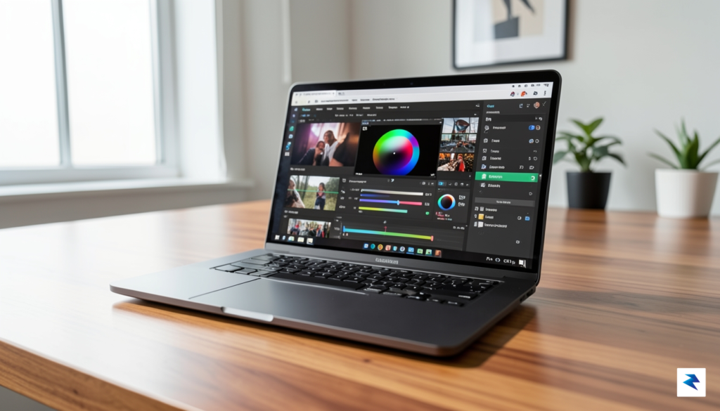 A high-end thin-and-light laptop sitting on a clean wooden desk,…